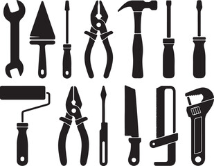 Diverse hand tools collection silhouette wrench trowel