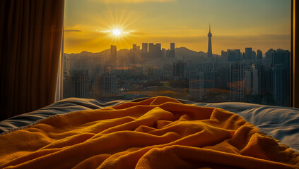 Fototapeta premium A close-up of soft orange towels neatly laid out on a bed in a sunlit room, with the city skyline visible through a large window in the background,