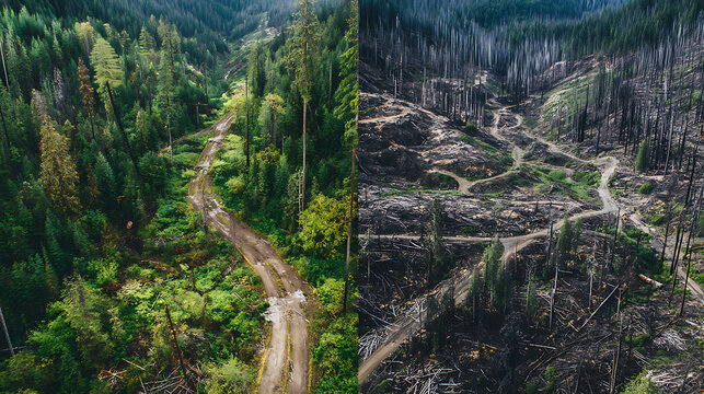 Aerial view showing forest before and after deforestation with a dirt road running through it
