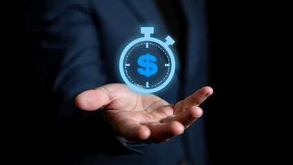 Glowing stopwatch with dollar sign hovering over open palm money time