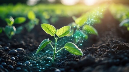 Emerging life: a luminous seedling sprouts in fertile earth field