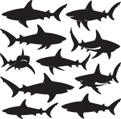 Fototapeta premium Black shark silhouettes in various poses ocean marine life