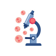 Microscope examining pink cells in a scientific research illustration