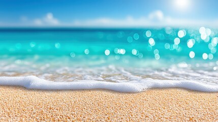 A close-up view of gentle ocean waves washing over a sandy beach under a bright, sunny sky.
