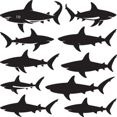 Fototapeta premium Black shark silhouettes swimming in various poses ocean