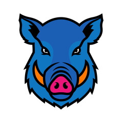 Stylized Blue Boar Head with Pink Snout and Orange Tusks Black Outline
