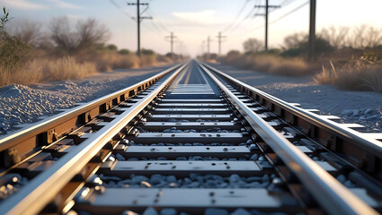 Vast Railroad Tracks Stretching Towards the Horizon Under a Clear Sky