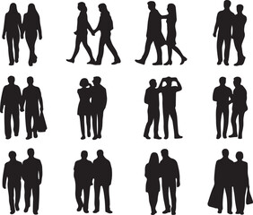 Couples walking together and standing side by side silhouette people