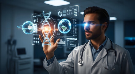 A male medical professional uses advanced augmented reality to analyze complex scientific data, including DNA and global health information, in a modern clinic.