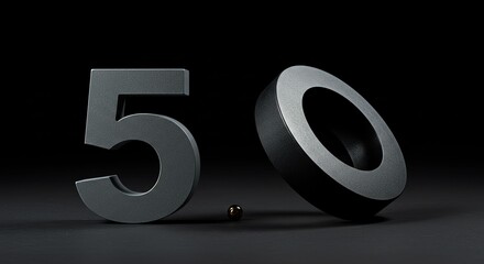 Modern Number Five and Zero Figures with Metallic Finish on Black Background