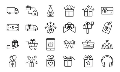 Gift and Delivery Line Icons – Minimal Vector Set for Online Shopping, Gifting, Subscriptions, and Celebration Themes

