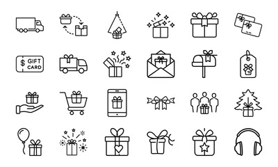 Gift and Delivery Line Icons – Minimal Vector Set for Online Shopping, Gifting, Subscriptions, and Celebration Themes

