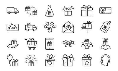 Gift and Delivery Line Icons – Minimal Vector Set for Online Shopping, Gifting, Subscriptions, and Celebration Themes

