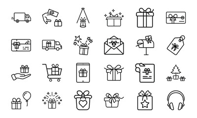 Gift and Delivery Line Icons – Minimal Vector Set for Online Shopping, Gifting, Subscriptions, and Celebration Themes

