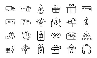 Gift and Delivery Line Icons – Minimal Vector Set for Online Shopping, Gifting, Subscriptions, and Celebration Themes

