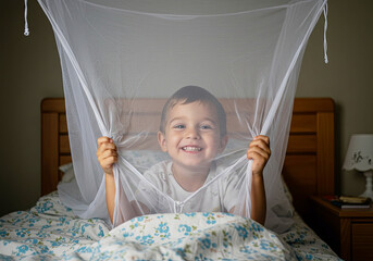Child Under Mosquito Bites Net at Night. Safe Sleep. Bedtime Protection for Kids. World Mosquito Day