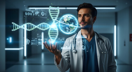 A doctor in a medical setting examines a holographic DNA strand and globe, representing medical innovation.