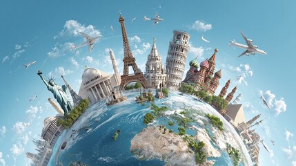 Fototapeta premium Famous world landmarks on globe with airplanes in sky