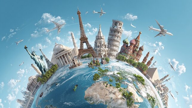 Famous world landmarks on globe with airplanes in sky