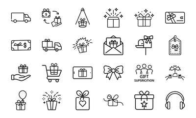Gift and Delivery Line Icons &ndash; Minimal Vector Set for Online Shopping, Gifting, Subscriptions, and Celebration Themes

