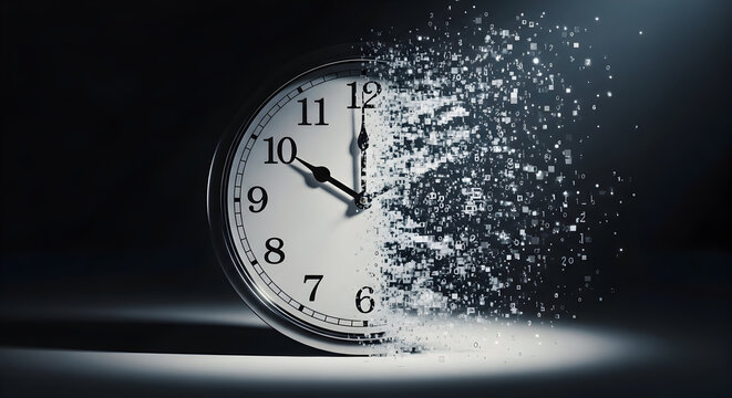 Clock dissolving into digital data representing the future
