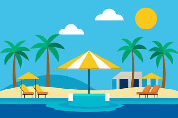 Obraz premium Tropical beach resort with palm trees lounge chairs and umbrellas by the pool