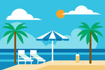 Obraz premium Tropical beach scene with palm trees beach chairs and umbrella