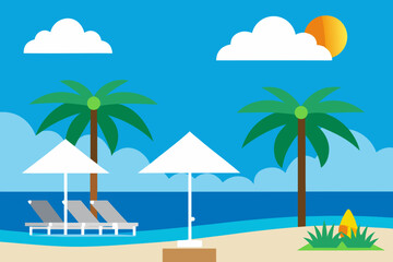 Obraz premium Tropical beach scene with palm trees lounge chairs and umbrellas