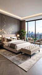 Fototapeta premium Luxurious bedroom with city view