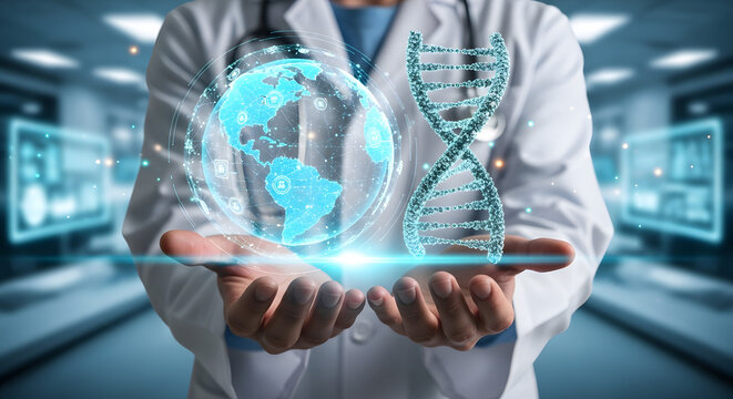 Doctor holding a glowing globe and DNA strand, symbolizing global healthcare and genetics.