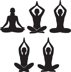 Black silhouette figures in various yoga poses meditation