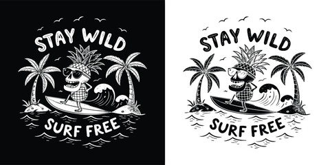 Obraz premium Stay wild surf free tropical skull character surfing ocean waves with palm trees and island cartoon doodle for t shirt design