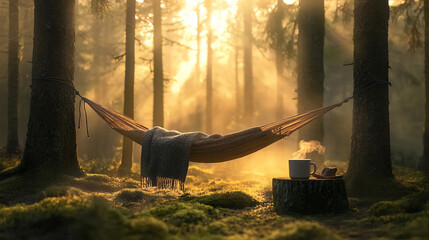 Relaxing in a hammock in a sunlit forest. Perfect for travel, nature, or relaxation themes.