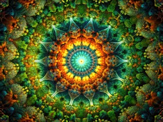 Kaleidoscope Bokeh: Green Orange Abstract Psychedelic Art,  Intricate Pattern,  Bokeh Photography,  Digital Art,  Fantasy Background