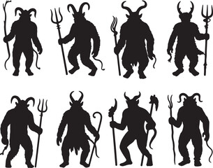 Horned figures with staffs and tridents silhouette demonic
