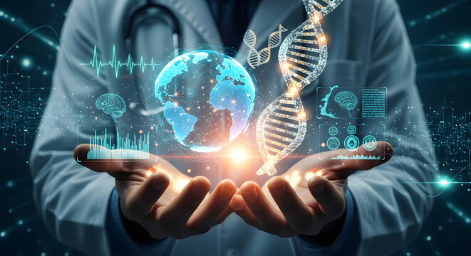 A doctor presenting a futuristic medical concept with DNA and a glowing Earth globe.