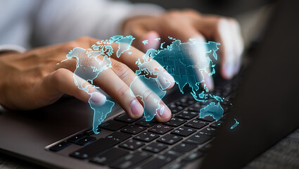 Hands typing on laptop with glowing world map overlay keyboard