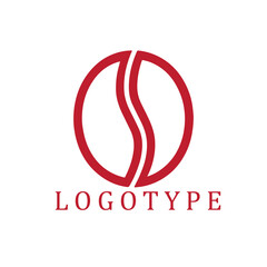 Bold geometric logo in red and white featuring a single symmetrical coffee bean split in half—minimalist style with strong contrast and clean lines for a modern, impactful look.