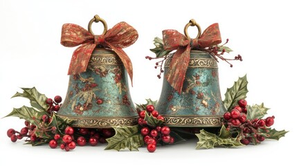 Teal Christmas bells, red berries, holly, studio, festive decor