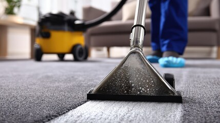 A professional cleaner uses a carpet cleaning machine to deep clean a gray carpet in a living room setting.