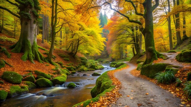 Scenic forest path alongside a flowing stream during vibrant autumn foliage