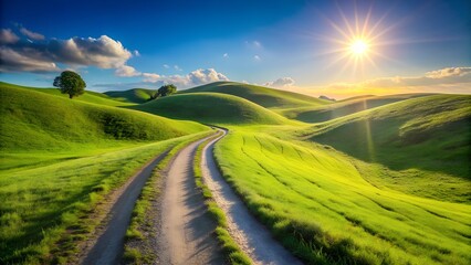 Fototapeta premium Scenic dirt road winding through lush green rolling hills under a bright sunny sky