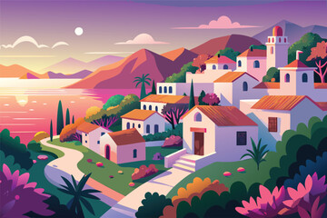 Coastal village with white buildings and orange roofs at sunset twilight dusk
