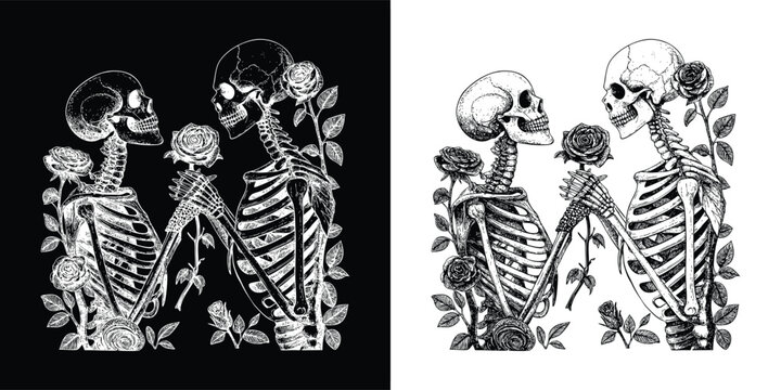 Romantic skeleton couple holding roses surrounded by blooming flowers and leaves vintage gothic illustration for t shirt design