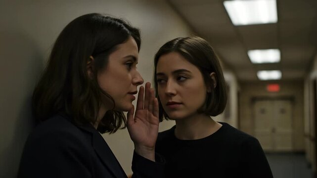 Two young businesswomen whispering a secret or confidential information in a dimly lit office hallway