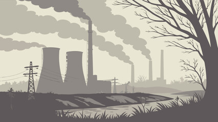 Fototapeta premium A somber landscape featuring a factory emitting smoke near a river, highlighting the environmental concerns of industrial pollution