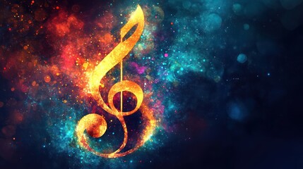 Fiery treble clef on cosmic background; music, energy, design