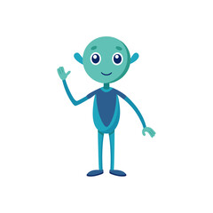Friendly cartoon alien waving hello against a black background