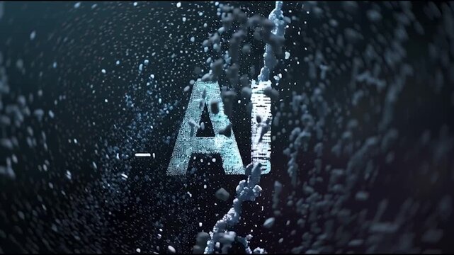 The letters "AI" appear in a digital, dissolving effect on a dark background, symbolizing artificial intelligence and technology.