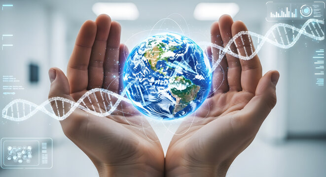 Hands cupping a glowing Earth globe with DNA strands and digital interface elements, symbolizing global science and technology. - Powered by Adobe